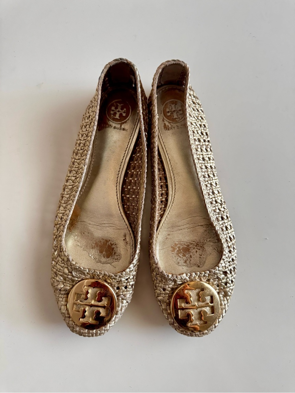 Tory Burch Metallic Gold Woven Flats with Logo Medallions